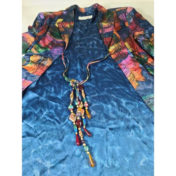 Dorothy Schoelen Platinum Blue Green Yellow BOHO Beads Jacket Top Overshirt L - Picture 4 of 5